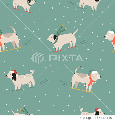 Festive Christmas seamless pattern with hand-drawn adorable dogs 116448410