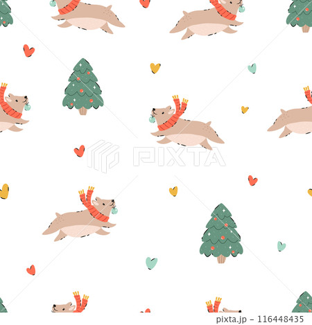 Festive Christmas seamless pattern with hand-drawn adorable corgi dogs Festive Christmas seamless pattern with hand-drawn adorable corgi dogs 116448435