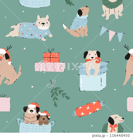 Festive Christmas seamless pattern with hand-drawn adorable dogs Festive Christmas seamless pattern with hand-drawn adorable dogs 116448450