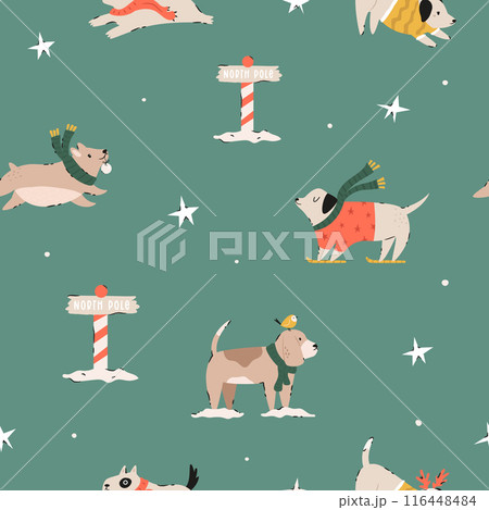 Festive Christmas seamless pattern with hand-drawn adorable dogs 116448484