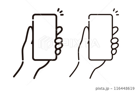 スマートフォンを持つ手のシンプルイラスト素材 細い線と太い線のセット スマートフォンを持つ手のシンプルイラスト素材 細い線と太い線のセット 116448619