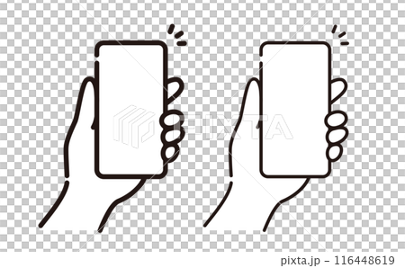 Simple illustration material of a hand holding a smartphone Set of thin and thick lines 116448619