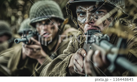 Cinematic of World War II soldiers. Military operation and War Concept. Generative Ai. 116448645