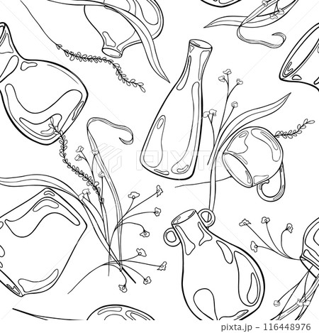 Pottery vase and small flowers in contour vector monochrome seamless pattern isolated. Leaves and stem in various vase hand drawn ink black white. For pottery themes textile, paper, background 116448976