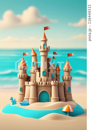 3D beach background with sand castle and beach with turquoise sea ocean coast line. 3D beach background with sand castle and beach with turquoise sea ocean coast line. 116449315