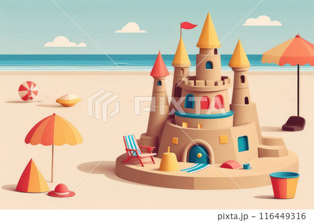 Sand castle on sandy beach with turquoise sea ocean coast line. 116449316