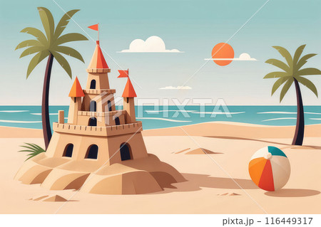 Sand castle on sandy beach with turquoise sea ocean coast line. 116449317