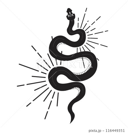 Celestial serpent snake, esoteric tarot or tattoo mystery sacred symbol. Linocut style boho. Occultism and religion, sacred rites and sacrifice. Reptile Celestial serpent snake, esoteric tarot or tattoo mystery sacred symbol. Linocut style boho. Occultism and religion, sacred rites and sacrifice. Reptile 116449351