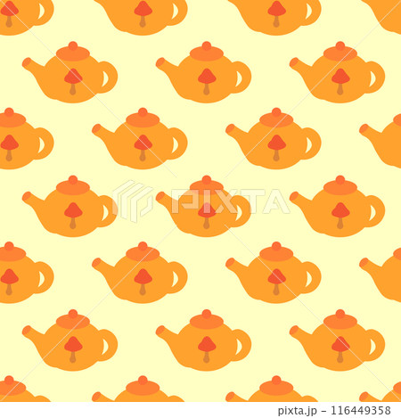 Seamless Pattern with Cute Orange teapot. Cozy fall wallpaper. Vector flat illustration. Autumn concept background. Seamless Pattern with Cute Orange teapot. Cozy fall wallpaper. Vector flat illustration. Autumn concept background. 116449358