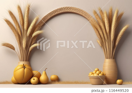 Jewish holiday of happy shavuot concept with fruits, wheat and milk. Jewish holiday of happy shavuot concept with fruits, wheat and milk. 116449520
