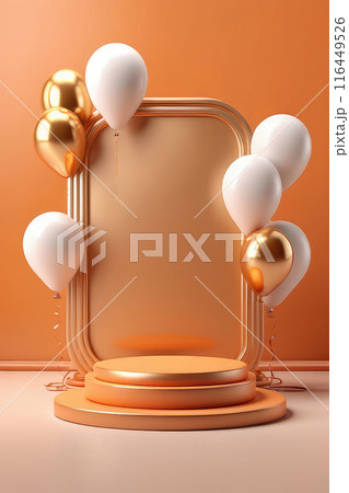Happy promotion sale concept and balloons, leaves maple, elements for autumn sale mock up decoration on a orange background. 116449526