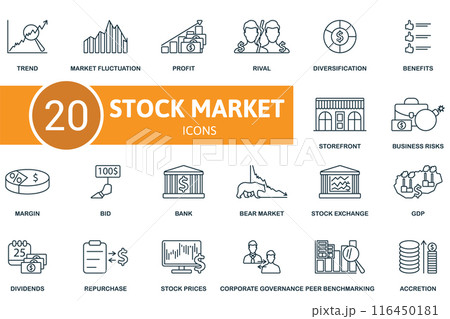 Stock Market thin line icon set. Trend, Market Fluctuation, Profit, Rival, Diversification, Benefits, Storefront, Business Risks, Margin, Bid icons and more 116450181