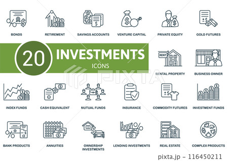 Investments thin line icon set. Bonds, Retirement, Savings Accounts, Venture Capital, Private Equity, Gold Futures, Rental Property, Business Owner, Index Funds, Cash Equivalent icons and more 116450211
