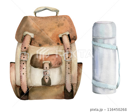 Backpack for hiking, sightseeing, tourist accessory luggage baggage and flask. Watercolor hand drawn illustration of isolated object. Design for tourism, travel, brochure, guide, print, card, tattoo 116450268