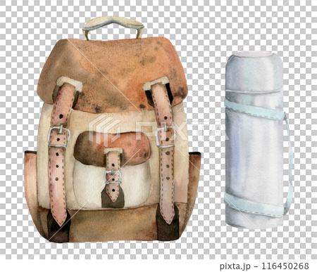 Backpack for hiking, sightseeing, tourist accessory luggage baggage and flask. Watercolor hand drawn illustration of isolated object. Design for tourism, travel, brochure, guide, print, card, tattoo 116450268