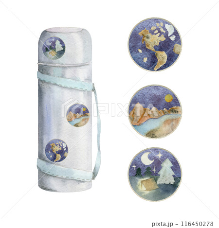 Travel accessory for tourist, vacuum flask with stickers and pins. Watercolor hand drawn illustration of isolated object. Design for tourism, travel, brochure, booklet, guide, print, card, tattoo. 116450278