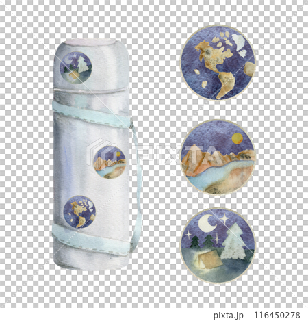 Travel accessory for tourist, vacuum flask with stickers and pins. Watercolor hand drawn illustration of isolated object. Design for tourism, travel, brochure, booklet, guide, print, card, tattoo. 116450278