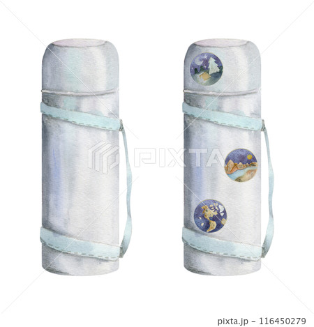 Travel accessory for tourist, vacuum flask with stickers and pins. Watercolor hand drawn illustration of isolated object. Design for tourism, travel, brochure, booklet, guide, print, card, tattoo. 116450279