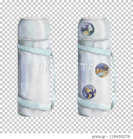 Travel accessory for tourist, vacuum flask with stickers and pins. Watercolor hand drawn illustration of isolated object. Design for tourism, travel, brochure, booklet, guide, print, card, tattoo. 116450279