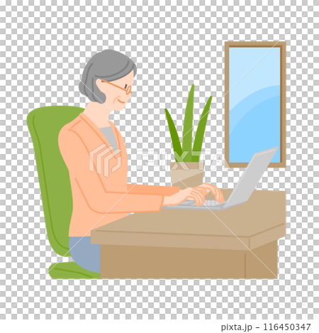 一位微笑的高級女性使用筆記型電腦的圖片（活躍的高級） 116450347