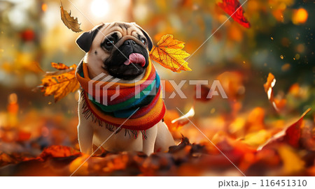 Autumn Pug in a Colorful Scarf 116451310