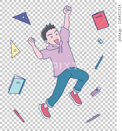 Elementary school boy jumping energetically Elementary school boy jumping energetically 116451314