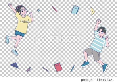 Elementary school boys and girls jumping energetically Elementary school boys and girls jumping energetically 116451321
