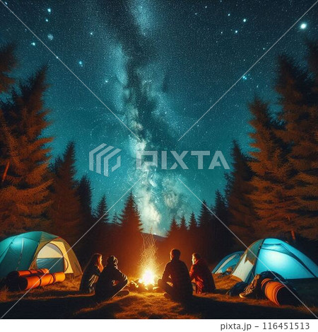 キャンプ場で天の川を見る人々 116451513