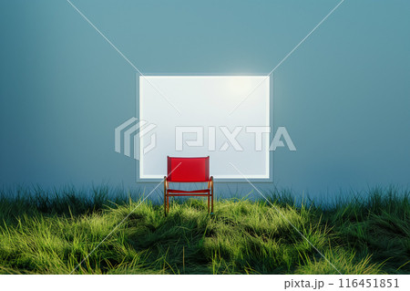 A red chair is located on the green grass in a light blue room with a white screen same the windows or LED screen on. Lonely, loneliness, solution, exit, peace, a pleasure, lawn 116451851