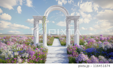 The stage design, Catwalk design, Roman-style arch, has two columns, in the middle is a white marble arch, the surrounding area has flower fields. 3D render 116451874