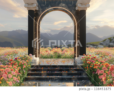 The stage design, Catwalk design, Roman-style arch, has two columns, in the middle is a black marble arch, the surrounding area has flower fields. 3D render The stage design, Catwalk design, Roman-style arch, has two columns, in the middle is a black marble arch, the surrounding area has flower fields. 3D render 116451875