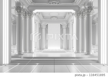The stage has a rectangular backdrop of various sizes, with a white LED screen in the middle, left and right are Roman pillars, Roman style, 3-step stage floor, all white for the performance The stage has a rectangular backdrop of various sizes, with a white LED screen in the middle, left and right are Roman pillars, Roman style, 3-step stage floor, all white for the performance 116451895
