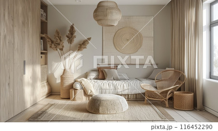 New age Minimalist living room with natural lights in light beige colors with furniture made from natural materials. Sunlit modern interior and modern decor. 116452290