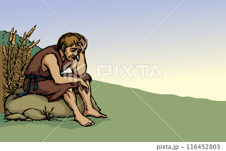 Vector drawing. A sad man and pigs 116452803