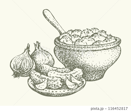 Vector still life. Traditional Slavic food: potatoes in a clay pot 116452817