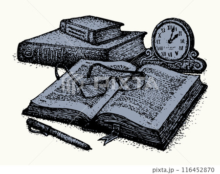Vector still life. Old books, paper, pen and clock Vector still life. Old books, paper, pen and clock 116452870