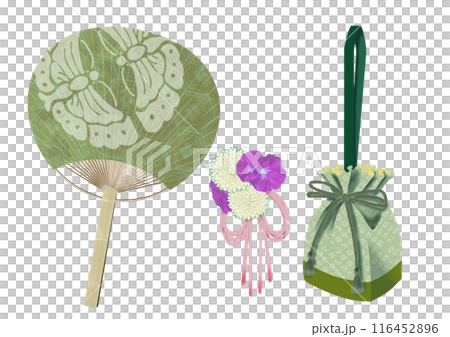 Watercolor paintings of a fan, a drawstring bag, and a hair accessory 116452896