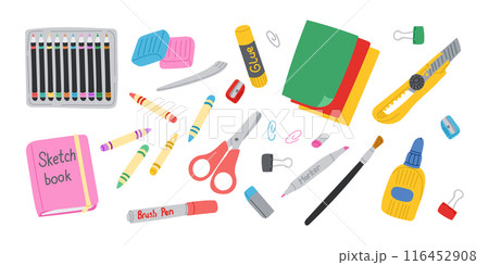 Art crafting items set with scissors and modeling clay in flat hand drawn style. Colorful educational or school stationary stickers isolated on white background. Good for decoration or labels 116452908