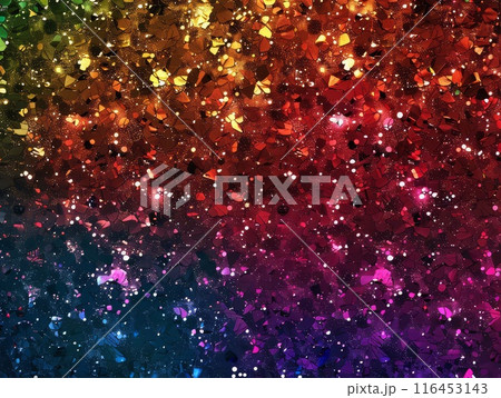 Glittering backdrop with vibrant, blurred bokeh lights and rainbow hues 116453143