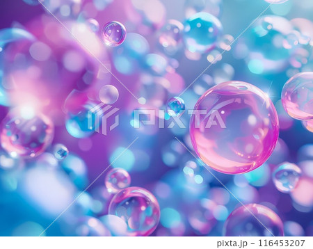 Blue background adorned with shiny round transparent textured bubbles 116453207