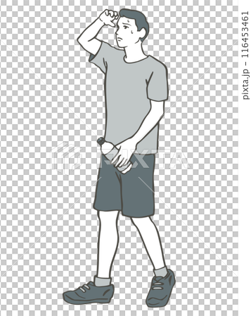 Illustration of a man holding a plastic bottle who is tired of the heat Illustration of a man holding a plastic bottle who is tired of the heat 116453461