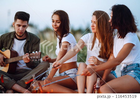 Group of young friends sitting on beach and fry sausages. One man is playing guitar. Camping time. 116453519