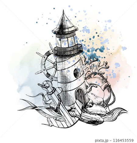 Marine lighthouse with anchor, lifebuoy, ship s wheel, corals, algae. Graphic illustration, hand drawn black and white. EPS vector. Isolated composition With watercolor spots pink and blue 116453559