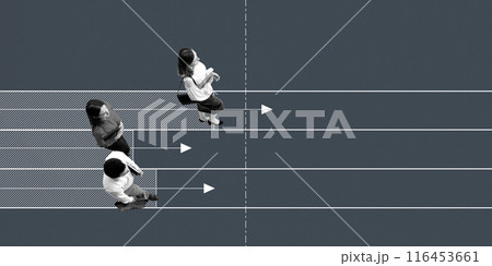 Three business professionals walking along parallel lines with arrows pointing forward. Progress, coordinated efforts towards common goals in professional environment. Conceptual minimalistic design. 116453661