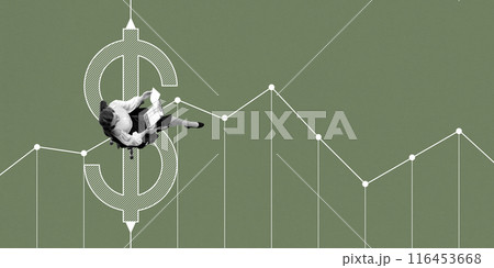 Businesswoman examines documents over large dollar sign and fluctuating line graph. Financial analysis, market trends, and growth. Conceptual minimalistic design. Businesswoman examines documents over large dollar sign and fluctuating line graph. Financial analysis, market trends, and growth. Conceptual minimalistic design. 116453668