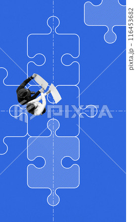 Business people, managers discussing document over puzzle pieces. Problem-solving, teamwork, skills and ideas to complete project, achieve goals. Conceptual minimalistic design. 116453682