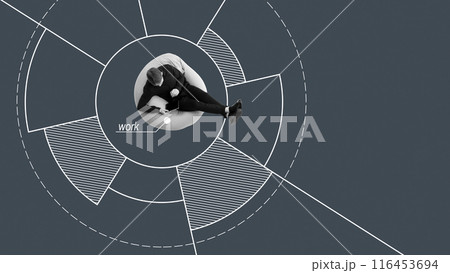 Young man, employee sitting with table and working inside radial chart. Comfort workspace, productivity and freelance. Conceptual minimalistic design. Young man, employee sitting with table and working inside radial chart. Comfort workspace, productivity and freelance. Conceptual minimalistic design. 116453694