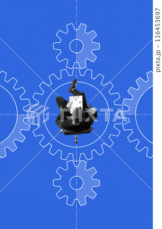Businessman sitting on chair with tablet, positioned within interlocking gears. Efficiency, problem solving, innovative approaches in startups. Conceptual minimalistic design. Businessman sitting on chair with tablet, positioned within interlocking gears. Efficiency, problem solving, innovative approaches in startups. Conceptual minimalistic design. 116453697