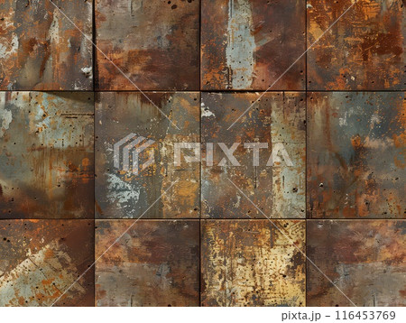 Rusty texture covers rough brown metal wall 116453769