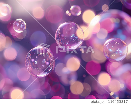 Blurred light effects complement colorful bubbles in abstract background 116453817